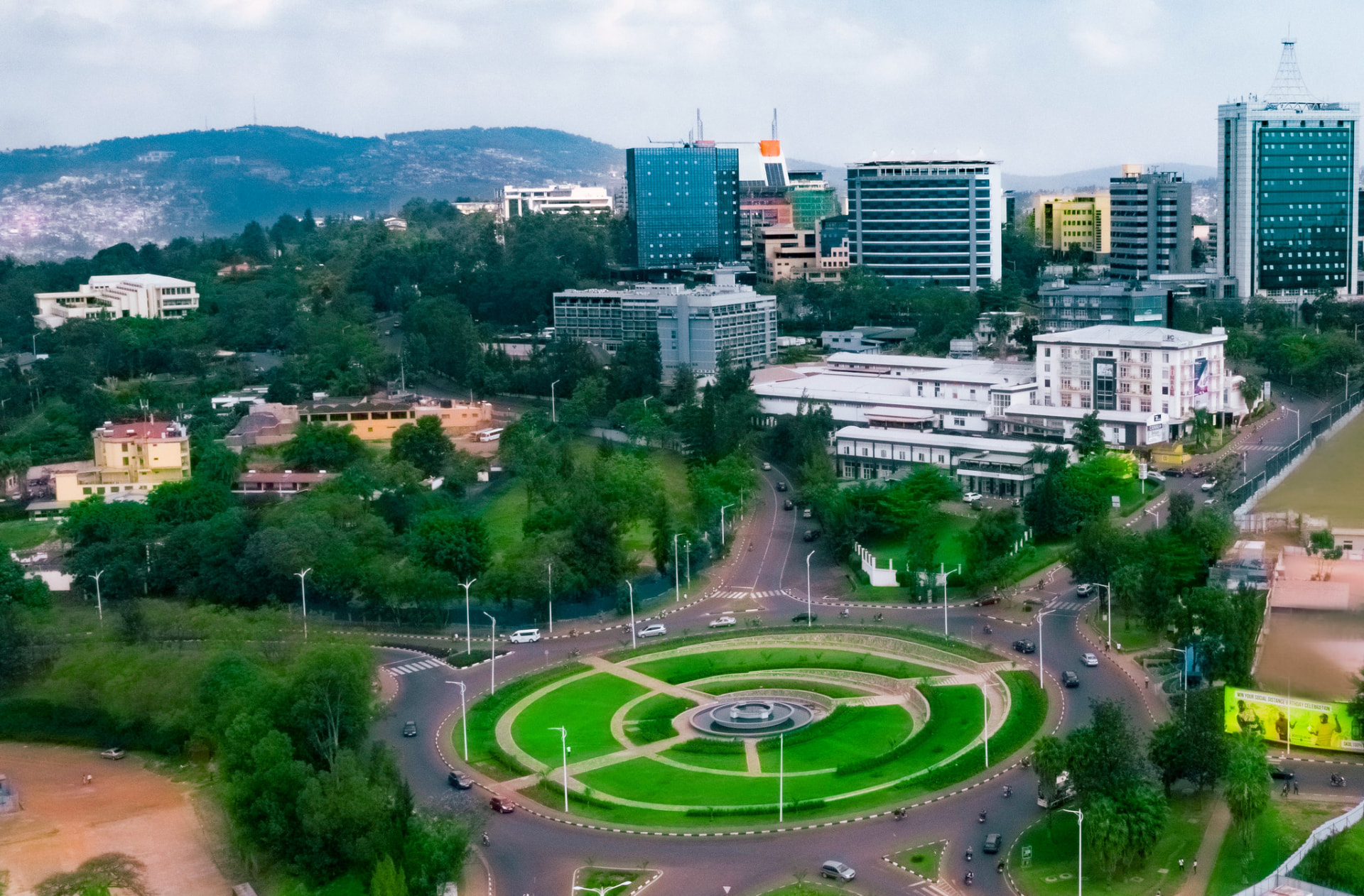 Aerial view of Kigali city centre and its green roundabouts