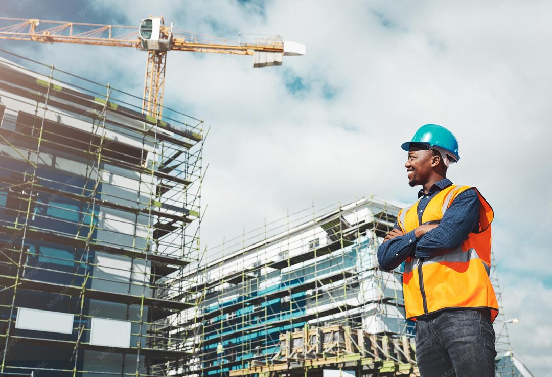 A construction professional reviewing work at a modern building site