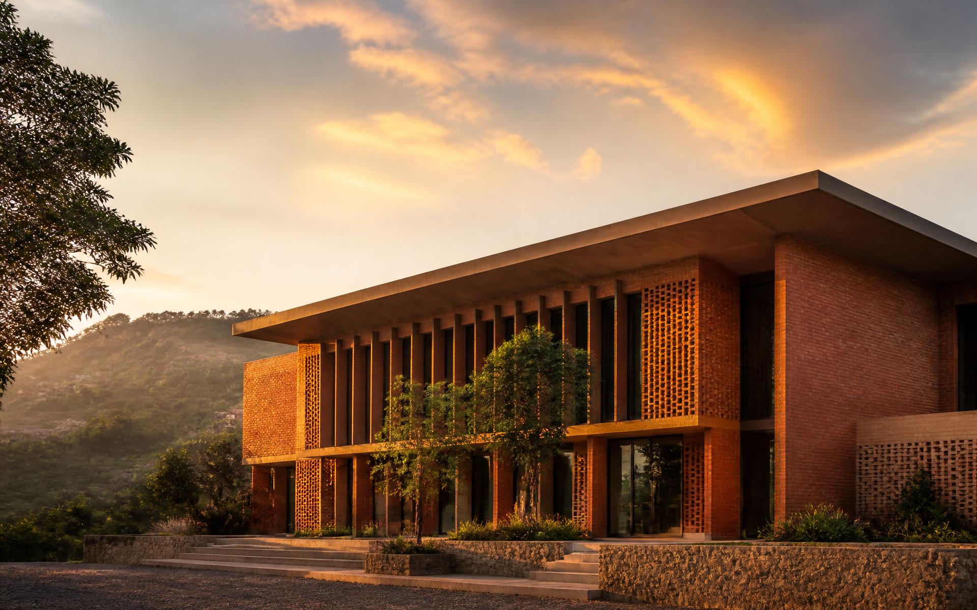 A contemporary Rwandan building with brick screens overlooking the hills at golden hour